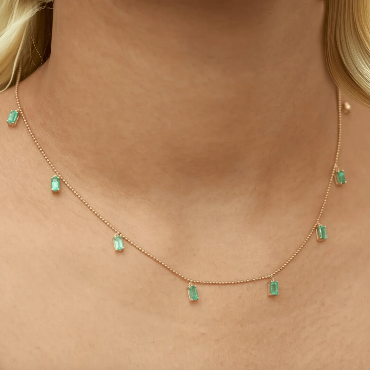 14 & 18K Gold Emerald Baguette Necklace