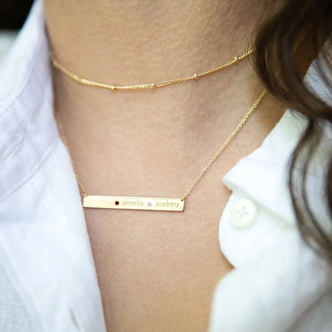 14k Gold Skinny Bar Birthstone Necklace - 3 Stones