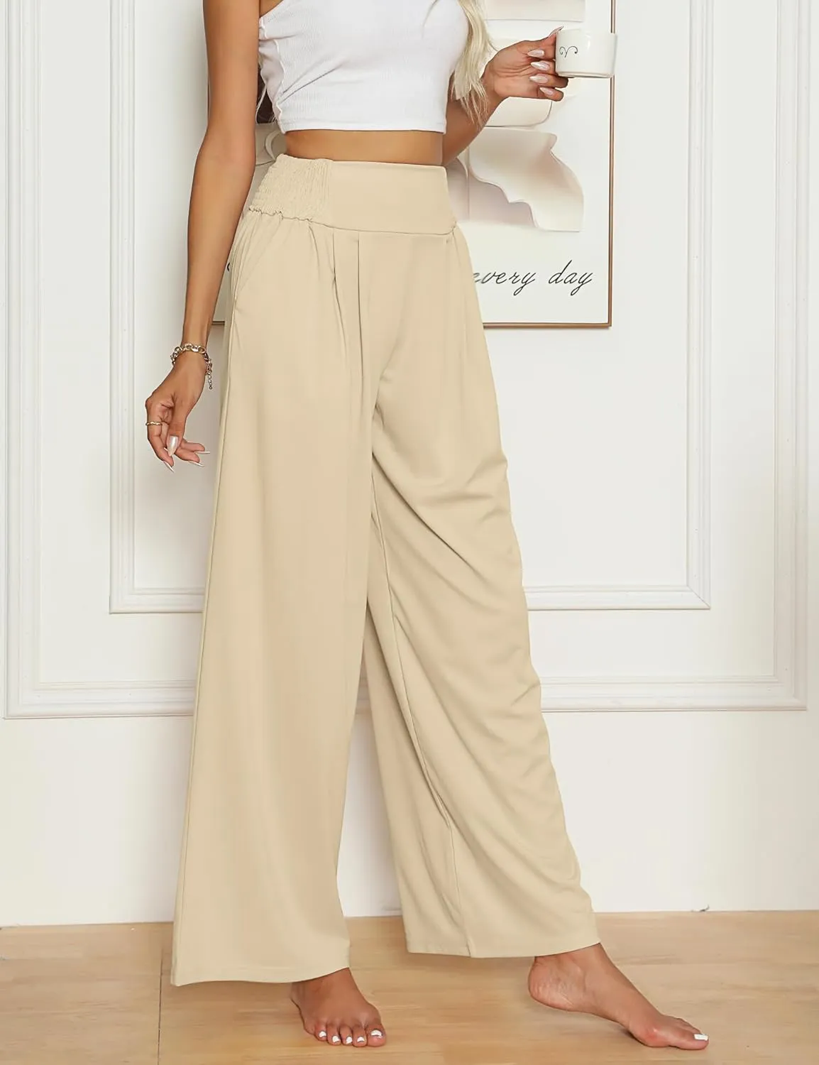 2 Pcs Women's Wide Leg Pants High Waist Casual Lounge Palazzo Pant with Pockets Comfy Beach Pants Trousers for Women