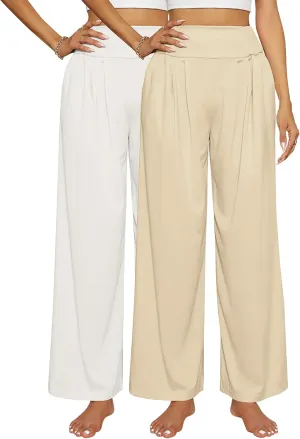 2 Pcs Women's Wide Leg Pants High Waist Casual Lounge Palazzo Pant with Pockets Comfy Beach Pants Trousers for Women
