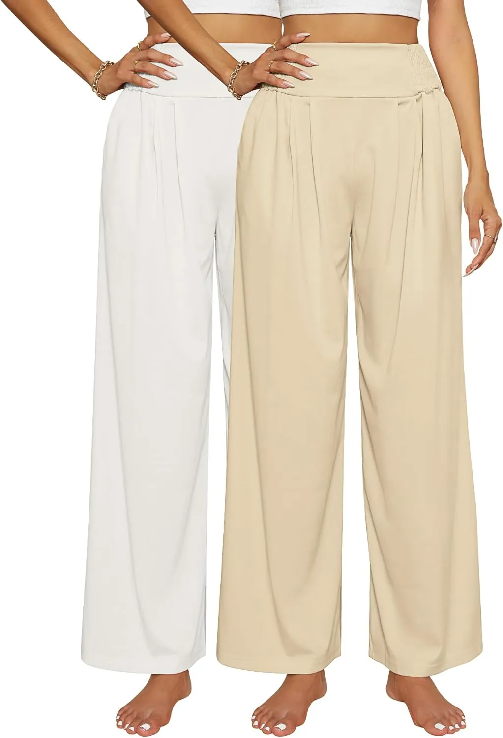 2 Pcs Women's Wide Leg Pants High Waist Casual Lounge Palazzo Pant with Pockets Comfy Beach Pants Trousers for Women