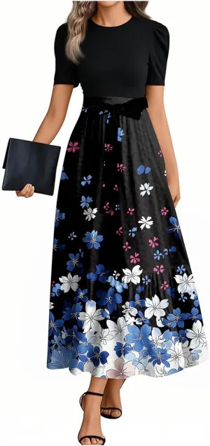 2025 Spring Dresses, Trendy Elegant Maxi Womens Jumpsuit Flower Print Bow Crew Neck Womens Romper