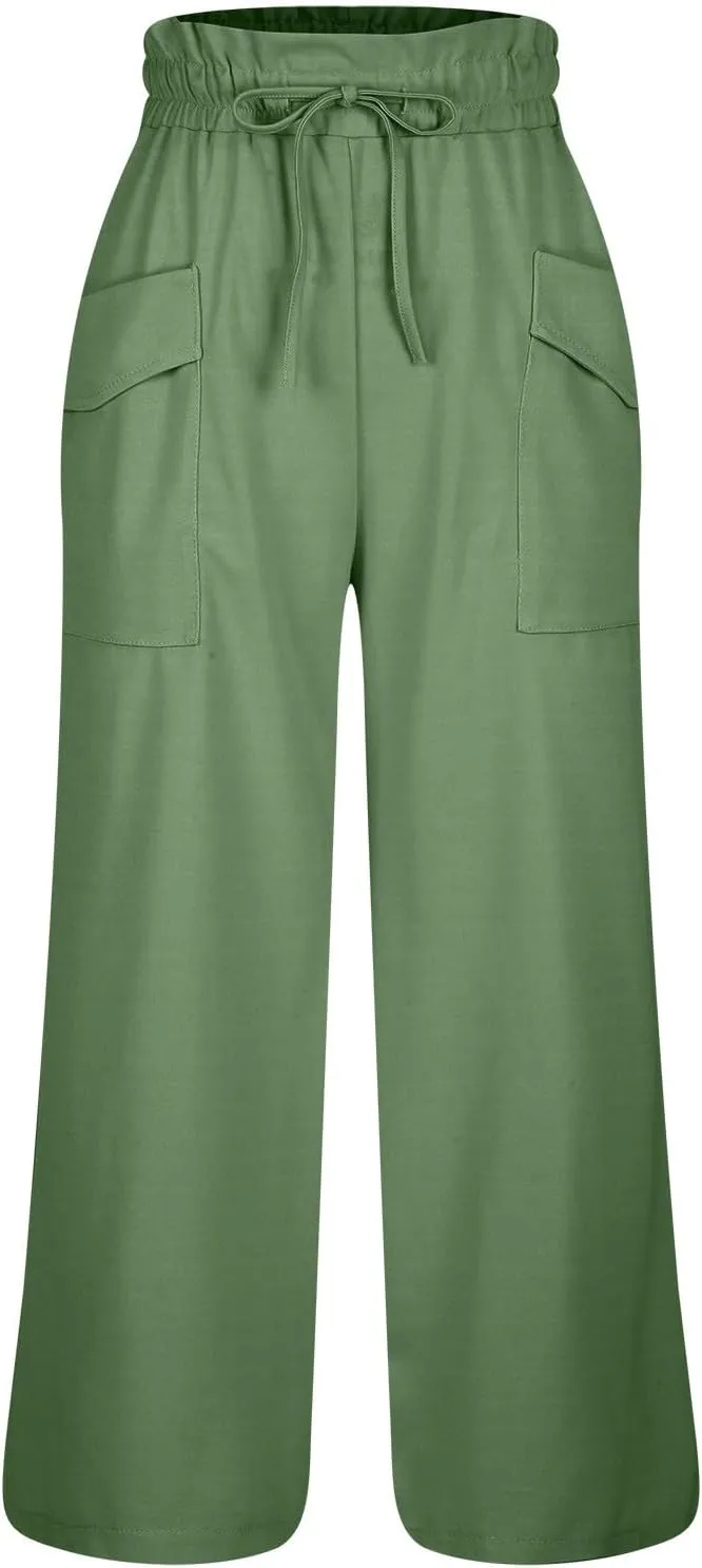 2025 Women's Summer Linen Pants - High Waist Drawstring Slim Fit Casual Trousers with Pockets, Pure Color Long Pants