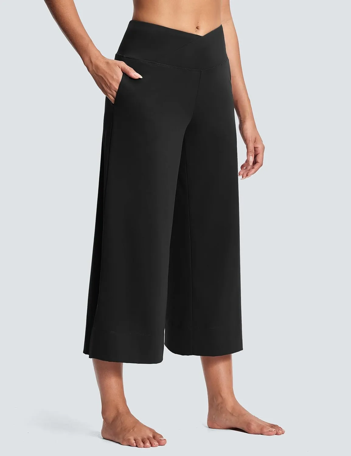 25" Wide Leg Yoga Pants for Women High Waisted Womens Loose Lounge Cropped Pants Travel Crop Pants with Pockets