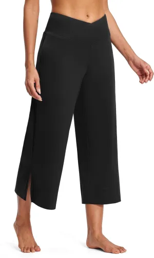 25" Wide Leg Yoga Pants for Women High Waisted Womens Loose Lounge Cropped Pants Travel Crop Pants with Pockets
