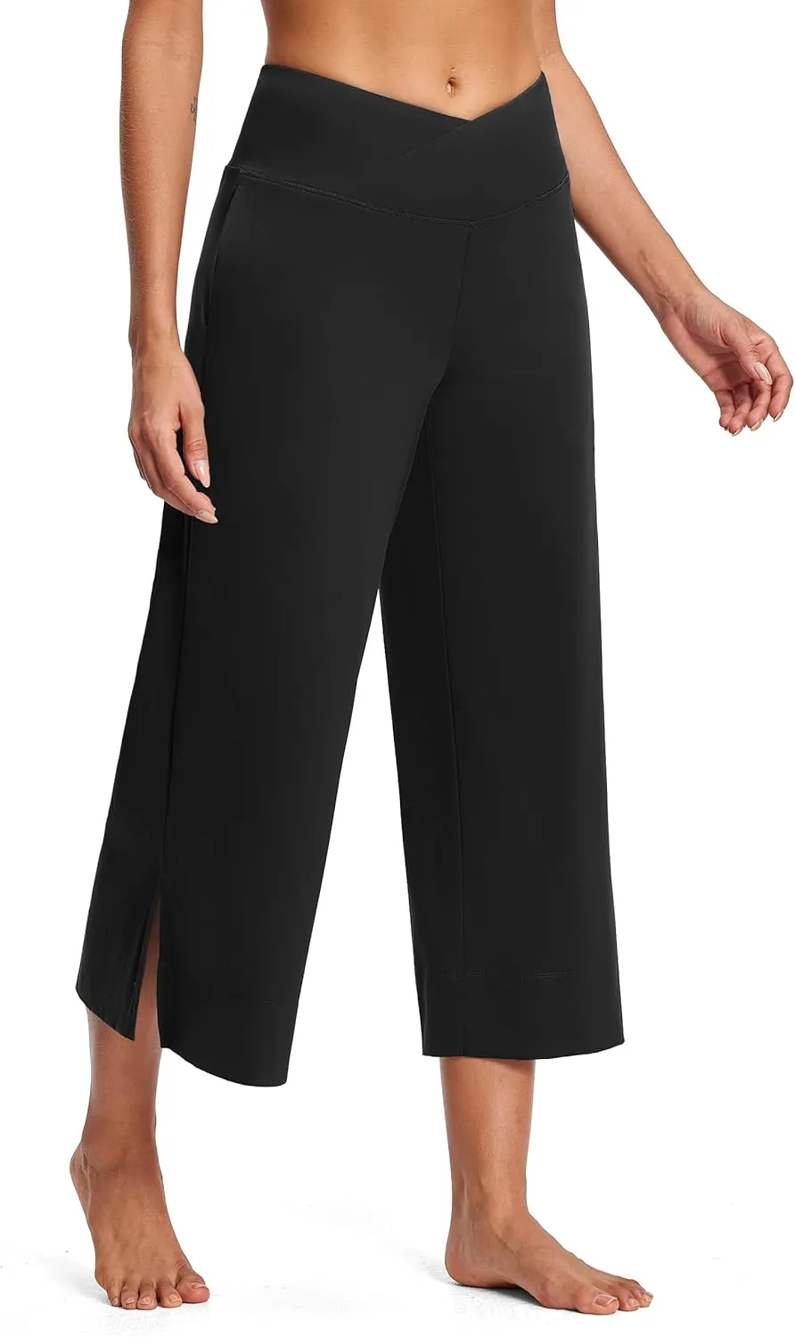 25" Wide Leg Yoga Pants for Women High Waisted Womens Loose Lounge Cropped Pants Travel Crop Pants with Pockets