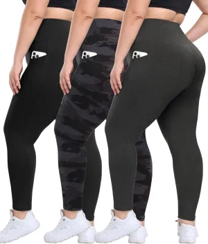 3 Pack Plus Size Leggings with Pockets for Women - High Waisted Tummy Control Spandex Soft Black Workout Yoga Pants