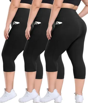 3 Pack Plus Size Leggings with Pockets for Women - High Waisted Tummy Control Spandex Soft Black Workout Yoga Pants