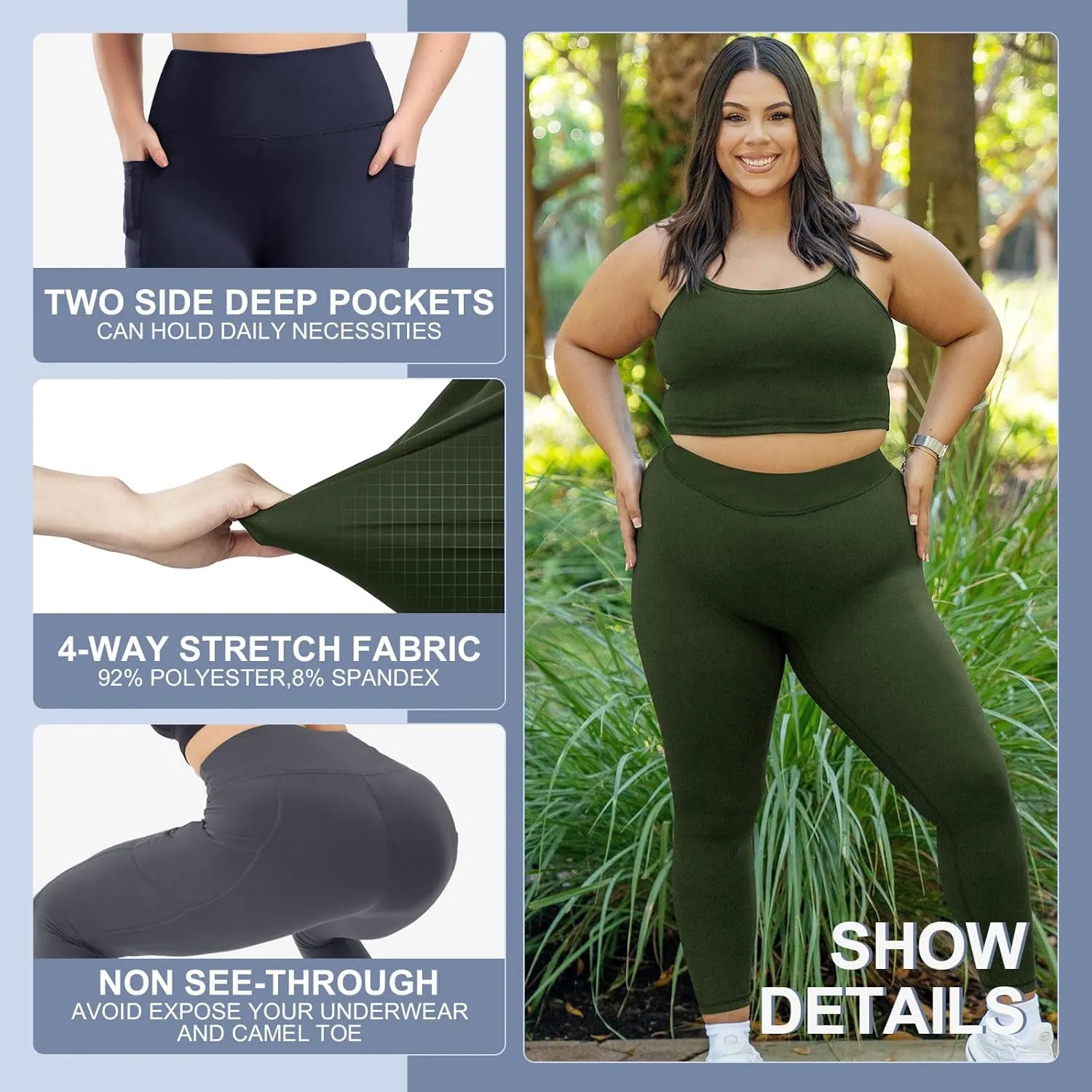 3 Pack Plus Size Leggings with Pockets for Women - High Waisted Tummy Control Spandex Soft Black Workout Yoga Pants