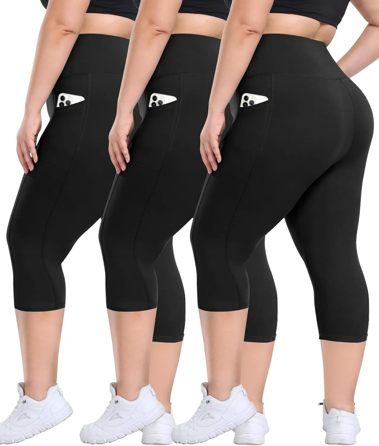 3 Pack Plus Size Leggings with Pockets for Women - High Waisted Tummy Control Spandex Soft Black Workout Yoga Pants