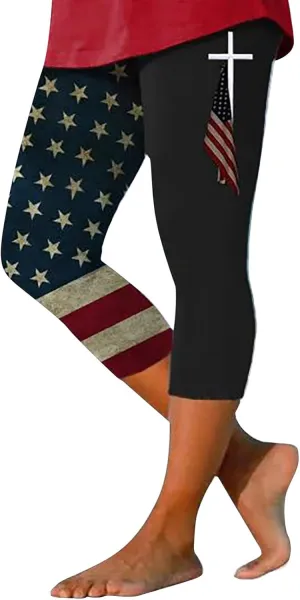 4th of July Capri Leggings for Women Plus Size Summer High Waist American Flag Yoga Pants Patriotic Cropped Trousers