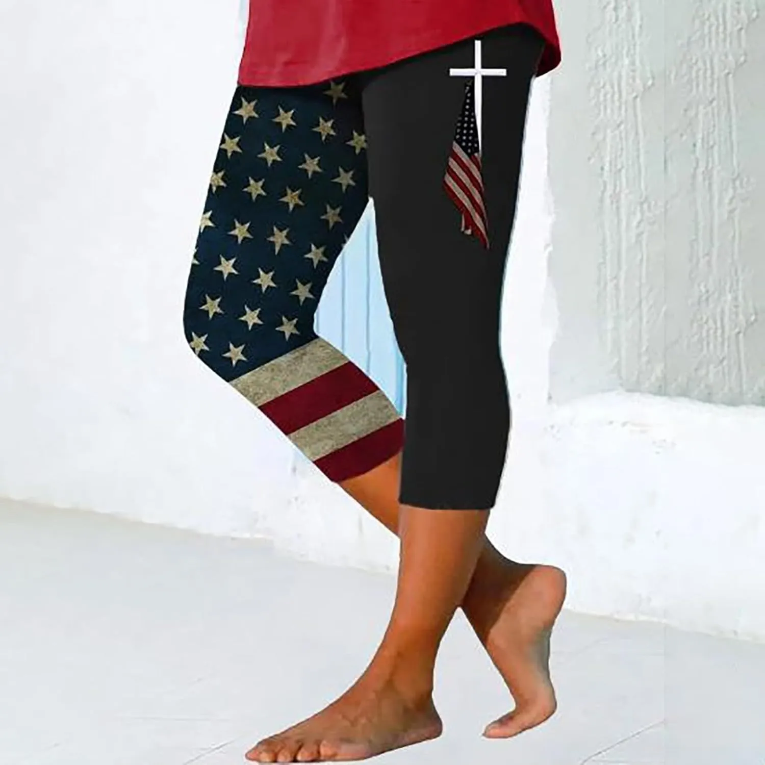 4th of July Capri Leggings for Women Plus Size Summer High Waist American Flag Yoga Pants Patriotic Cropped Trousers