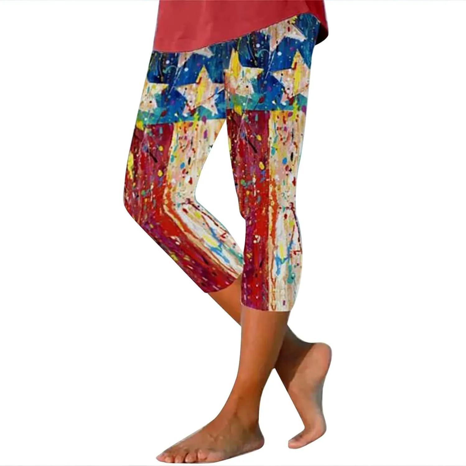 4th of July Capri Leggings for Women Plus Size Summer High Waist American Flag Yoga Pants Patriotic Cropped Trousers