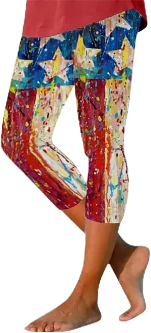 4th of July Capri Leggings for Women Plus Size Summer High Waist American Flag Yoga Pants Patriotic Cropped Trousers