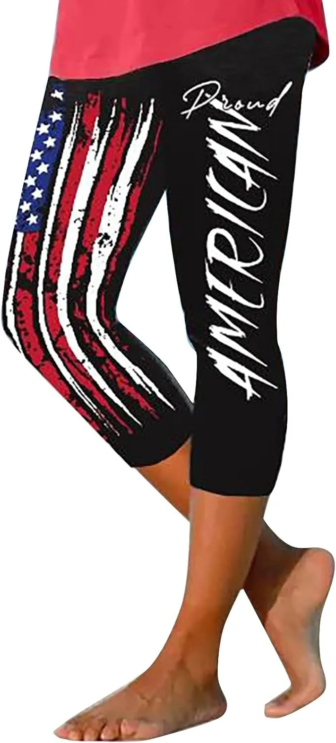 4th of July Capri Leggings for Women Summer High Waist Capris Pant Tummy Control Knee Length Slim Fit Yoga Cropped Trouser