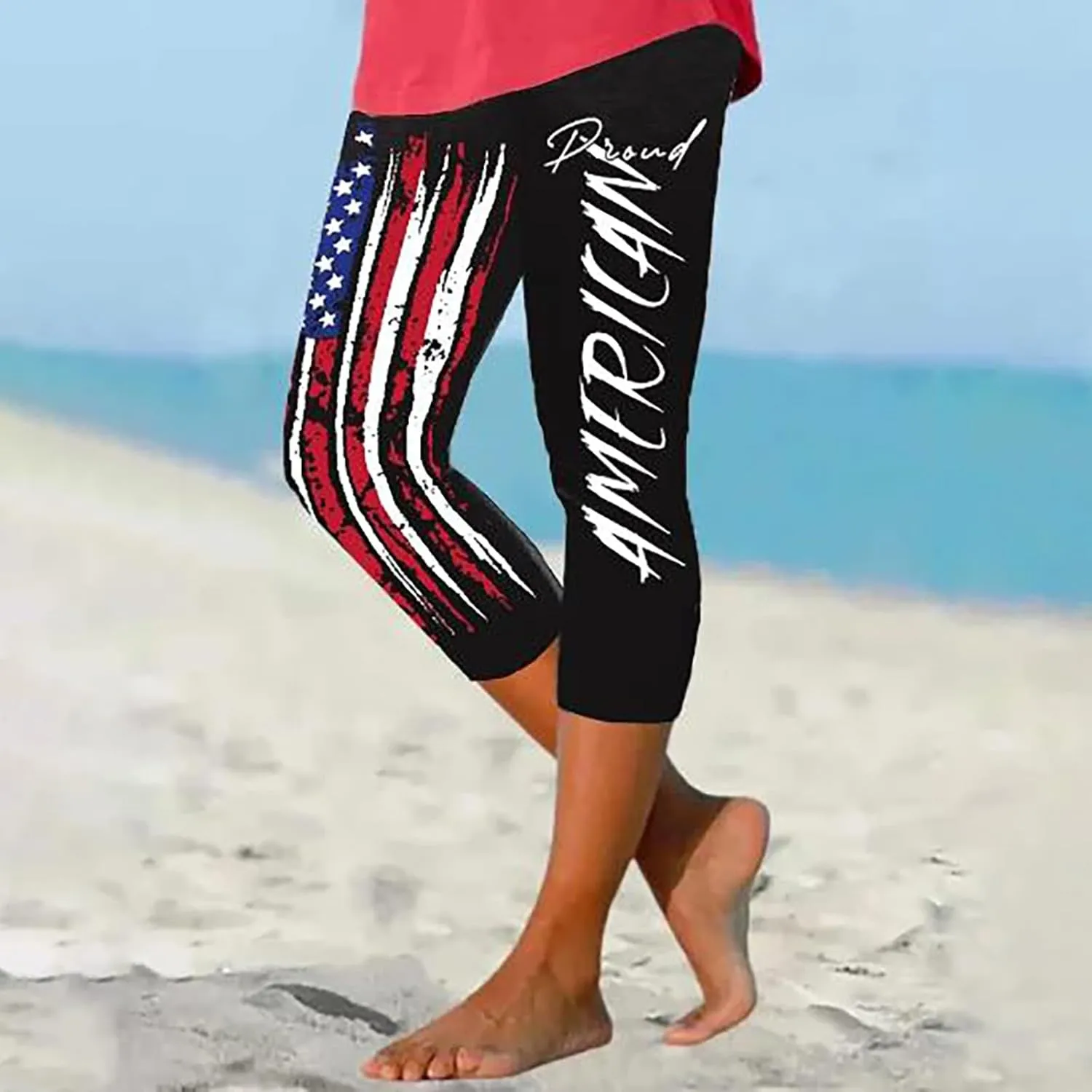 4th of July Capri Leggings for Women Summer High Waist Capris Pant Tummy Control Knee Length Slim Fit Yoga Cropped Trouser