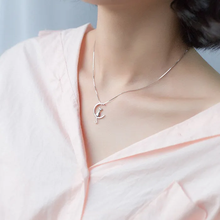 925 Sterling Silver Cat on the Moon Pendant Necklace