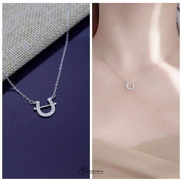 925 Sterling Silver C.Z Paved Horseshoe Necklace - Silver