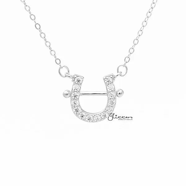 925 Sterling Silver C.Z Paved Horseshoe Necklace - Silver