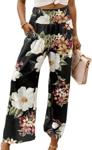 Akivide Women's Elastic High Waist Wide Leg Lounge Pants Cotton Linen Flroal Print Casual Loose Palazzo Trousers with Pocket