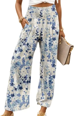 Akivide Women's Elastic High Waist Wide Leg Lounge Pants Cotton Linen Flroal Print Casual Loose Palazzo Trousers with Pocket