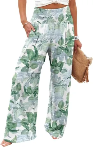 Akivide Women's Elastic High Waist Wide Leg Lounge Pants Cotton Linen Flroal Print Casual Loose Palazzo Trousers with Pocket