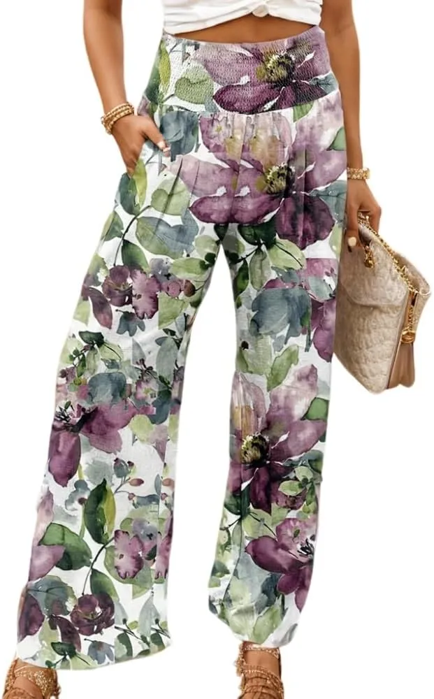 Akivide Women's Elastic High Waist Wide Leg Lounge Pants Cotton Linen Flroal Print Casual Loose Palazzo Trousers with Pocket