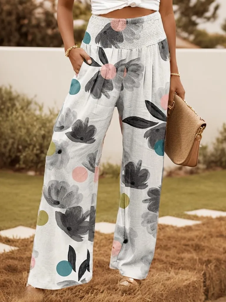 Akivide Women's Elastic High Waist Wide Leg Lounge Pants Cotton Linen Flroal Print Casual Loose Palazzo Trousers with Pocket