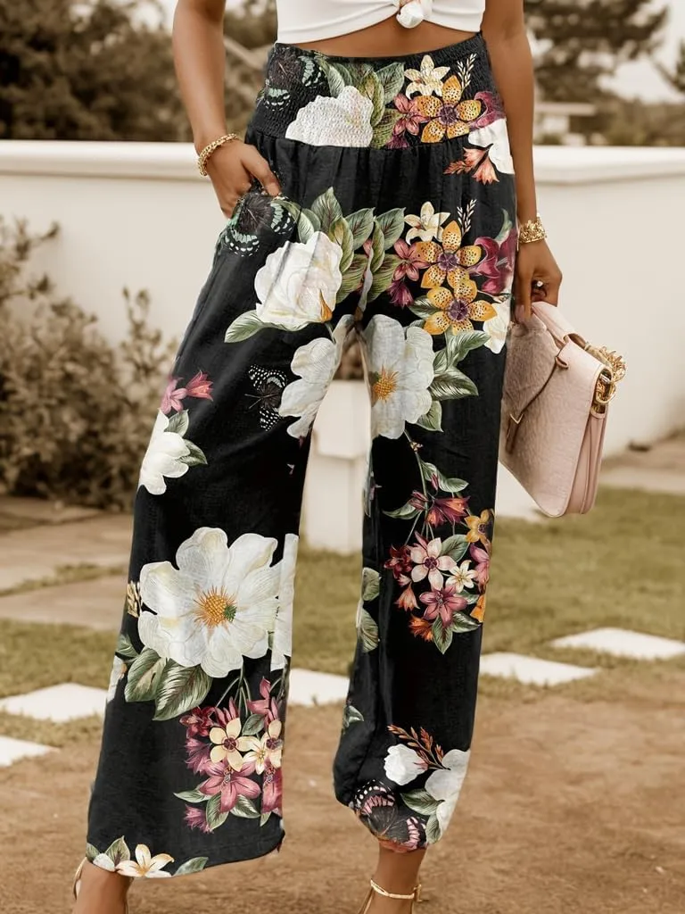 Akivide Women's Elastic High Waist Wide Leg Lounge Pants Cotton Linen Flroal Print Casual Loose Palazzo Trousers with Pocket