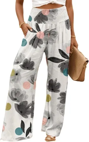 Akivide Women's Elastic High Waist Wide Leg Lounge Pants Cotton Linen Flroal Print Casual Loose Palazzo Trousers with Pocket