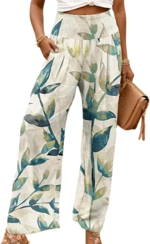 Akivide Women's Elastic High Waist Wide Leg Lounge Pants Cotton Linen Flroal Print Casual Loose Palazzo Trousers with Pocket