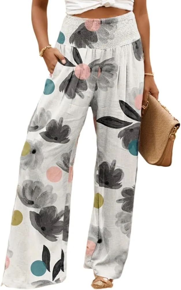 Akivide Women's Elastic High Waist Wide Leg Lounge Pants Cotton Linen Flroal Print Casual Loose Palazzo Trousers with Pocket