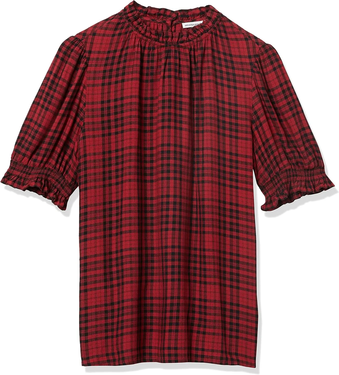 Amazon Essentials Women's Fluid Twill Short Puff Sleeve Smock Detail Shirt