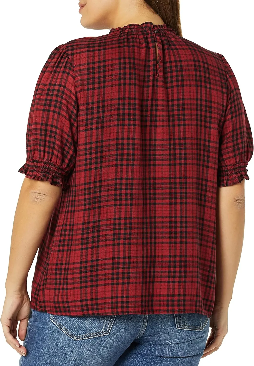 Amazon Essentials Women's Fluid Twill Short Puff Sleeve Smock Detail Shirt