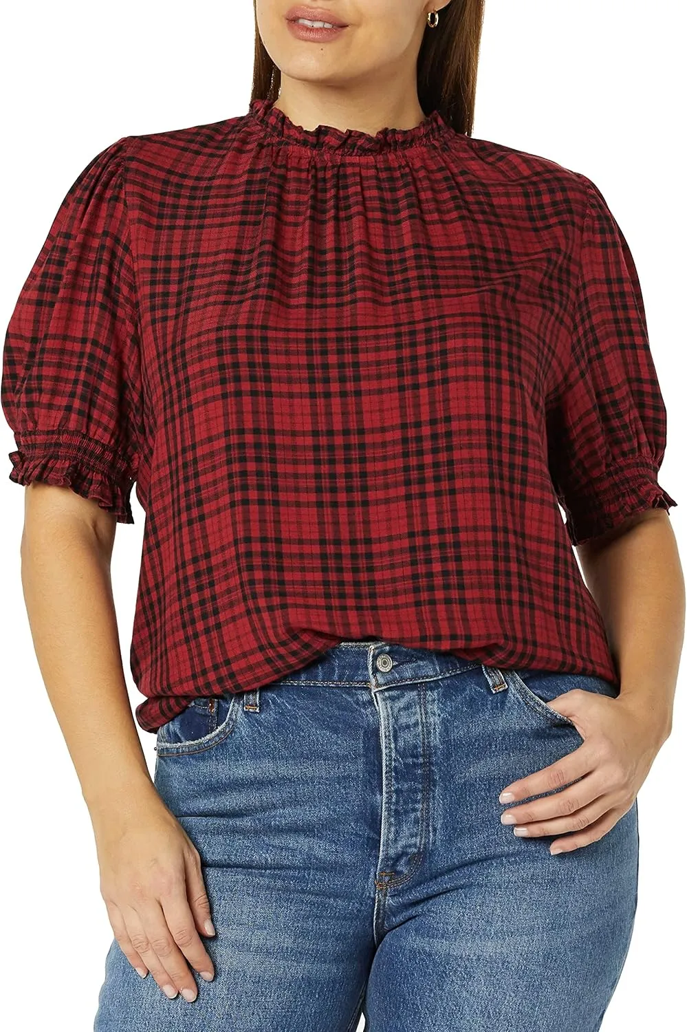 Amazon Essentials Women's Fluid Twill Short Puff Sleeve Smock Detail Shirt