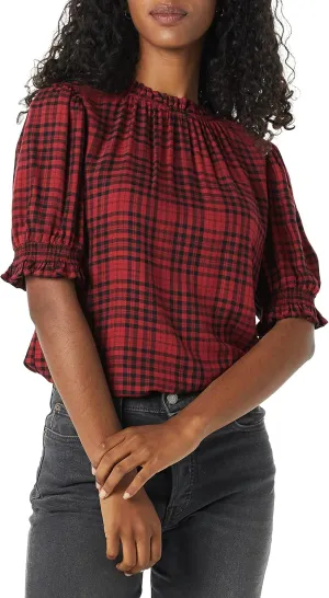 Amazon Essentials Women's Fluid Twill Short Puff Sleeve Smock Detail Shirt
