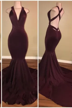 B| Bridelily Elegant V-Neck Mermaid Burgundy Long Prom Evening Dresses