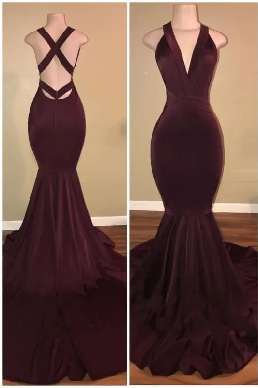 B| Bridelily Elegant V-Neck Mermaid Burgundy Long Prom Evening Dresses
