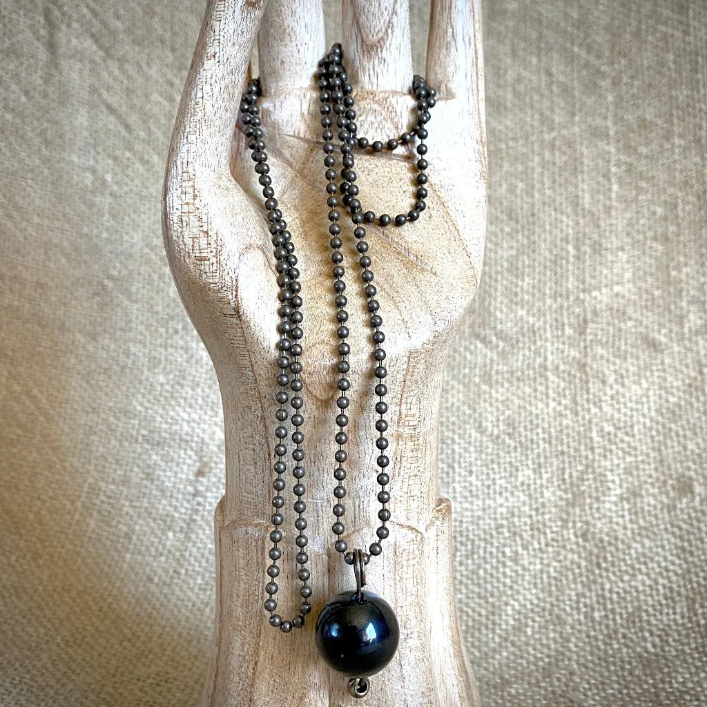 Ball & Chain Necklace, Big Shungite Bead & Antiqued Brass, Unisex