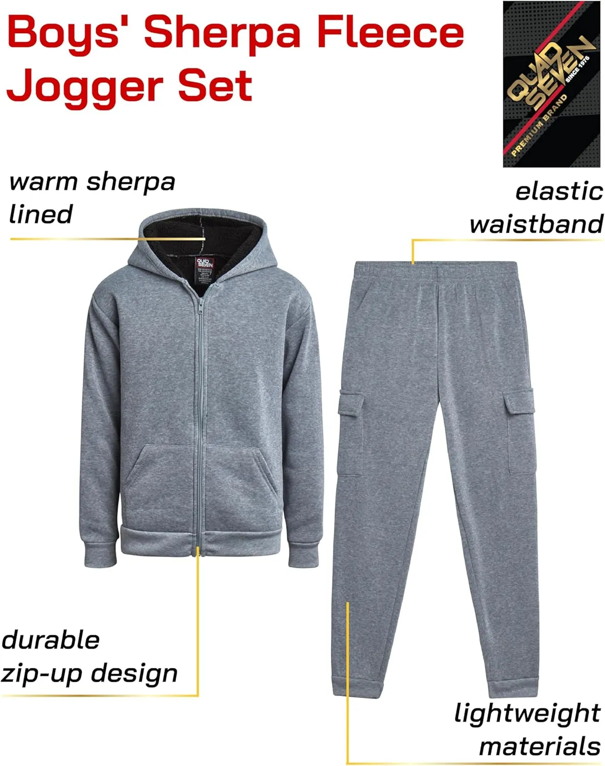 Boys' Sherpa Fleece Jogger Set - 2 Piece Basic Full Zip Fully Sherpa Lined Hoodie and Sweatpants (Size: 8-18)