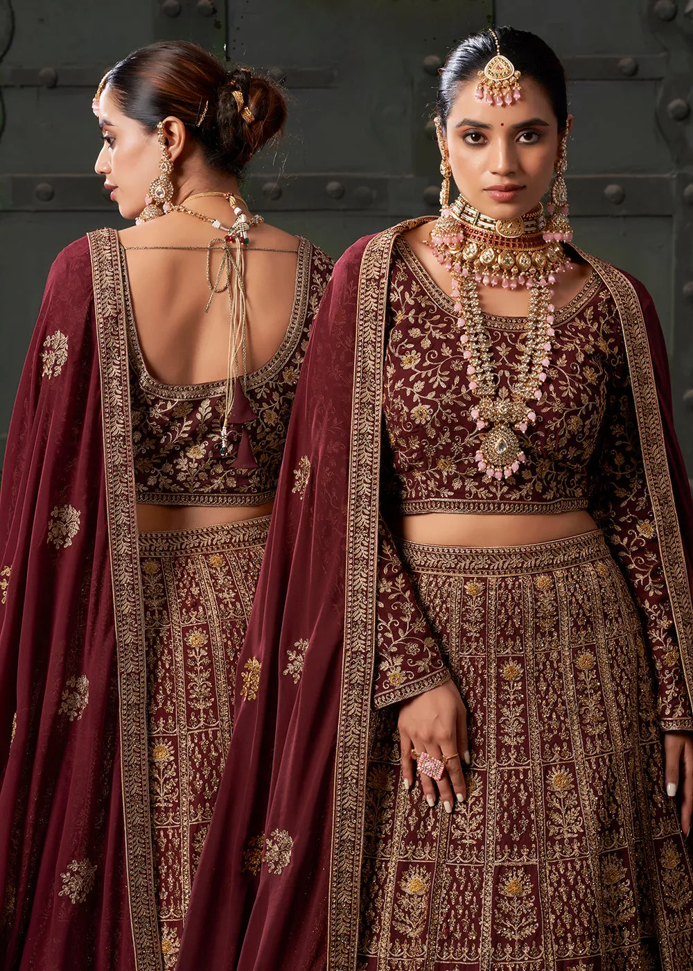 Bridal Maroon Cording Embroidered Georgette Lehenga Choli