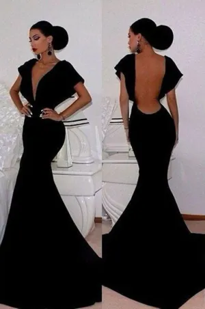 Bridelily Black Velvet Prom Dresses Short Sleeve Deep V-Neck Elegant Mermaid Evening Gowns 2019