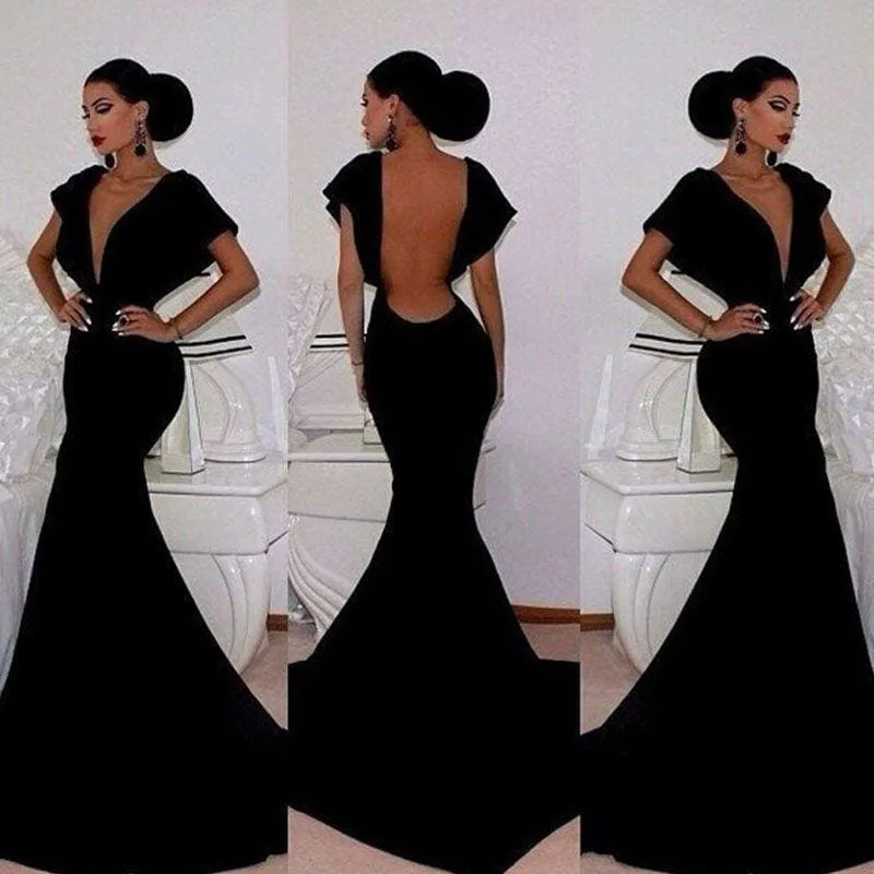 Bridelily Black Velvet Prom Dresses Short Sleeve Deep V-Neck Elegant Mermaid Evening Gowns 2019