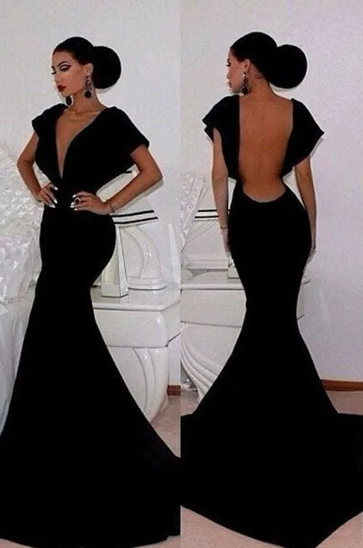 Bridelily Black Velvet Prom Dresses Short Sleeve Deep V-Neck Elegant Mermaid Evening Gowns 2019