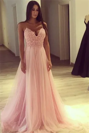 Bridelily Elegant Pink A-line Evening Gowns | Spaghettis Straps Tulle Prom Dresses