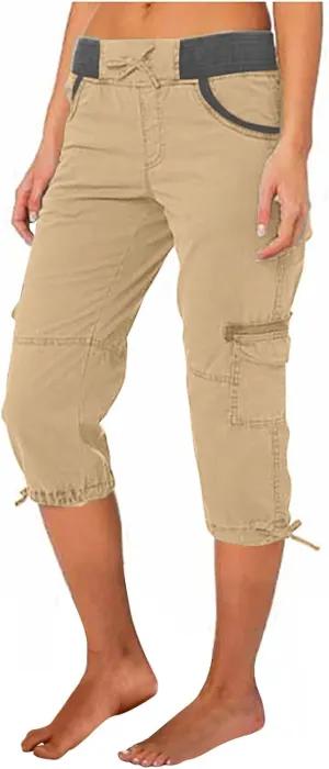 Capri Cargo Pants for Women 2024 Elastic High Waist Drawstring 3/4 Hiking Pants with Multi Pockets Casual Slim Fit Work Pants
