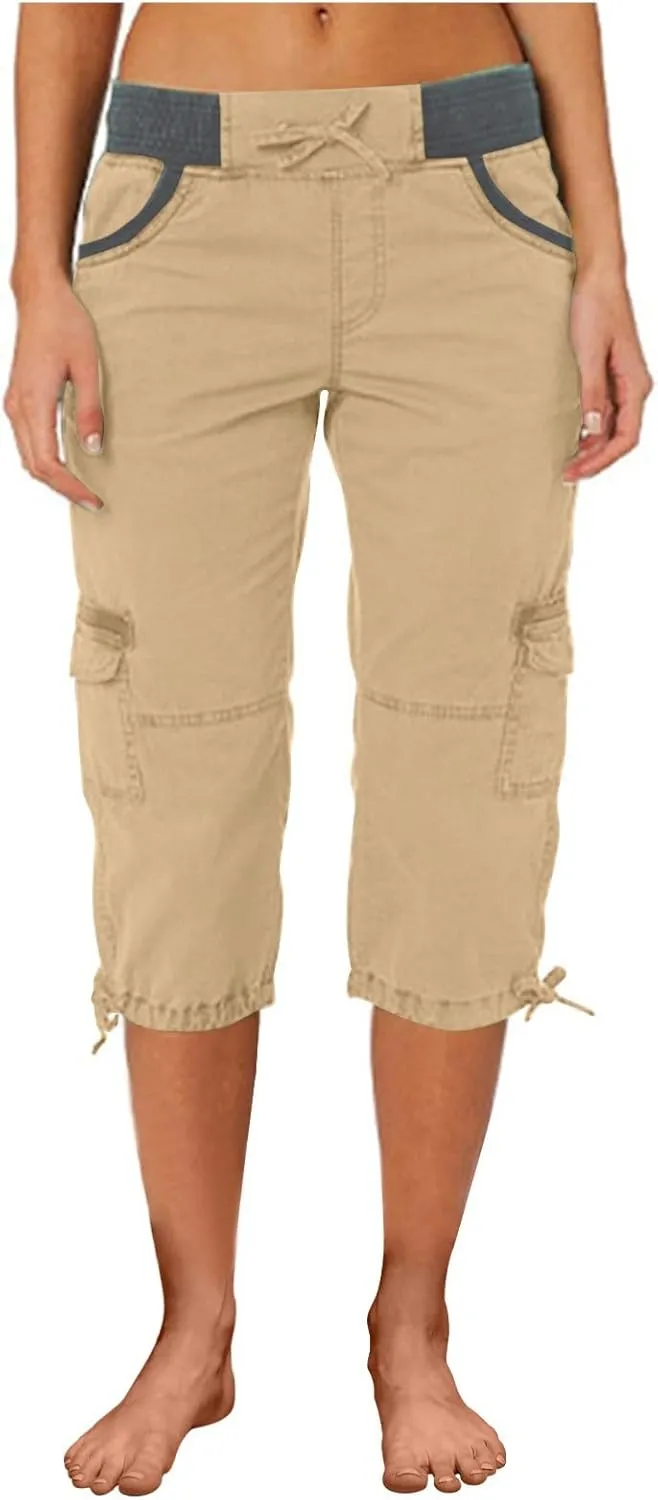 Capri Cargo Pants for Women 2024 Elastic High Waist Drawstring 3/4 Hiking Pants with Multi Pockets Casual Slim Fit Work Pants