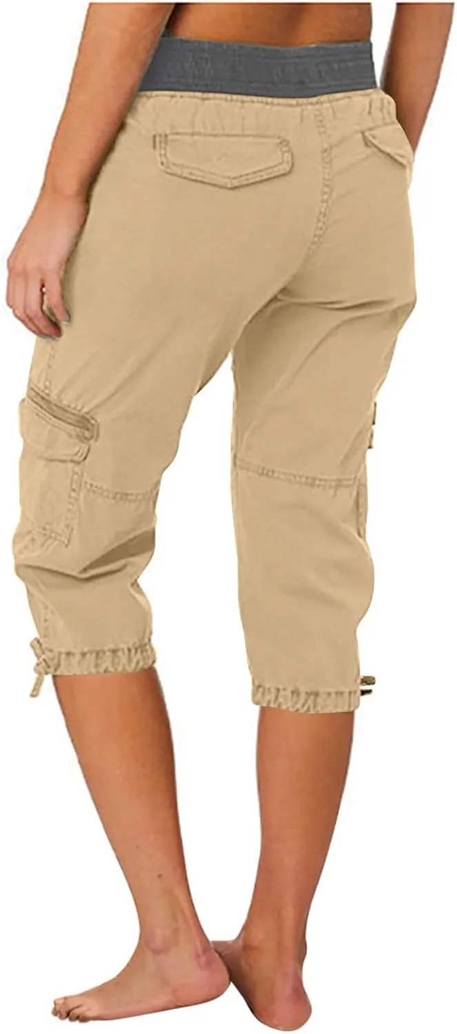 Capri Cargo Pants for Women 2024 Elastic High Waist Drawstring 3/4 Hiking Pants with Multi Pockets Casual Slim Fit Work Pants