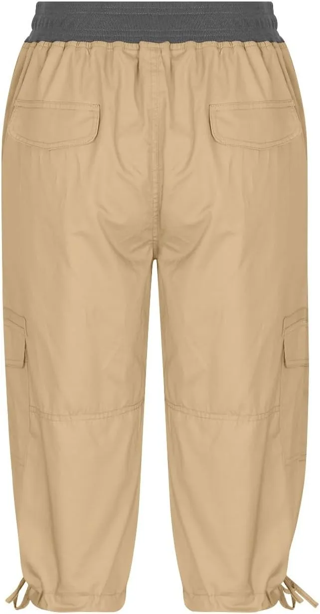 Capri Cargo Pants for Women 2024 Elastic High Waist Drawstring 3/4 Hiking Pants with Multi Pockets Casual Slim Fit Work Pants