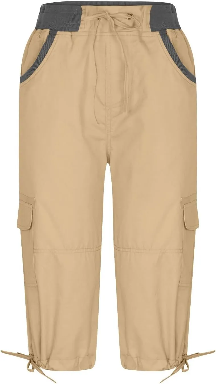 Capri Cargo Pants for Women 2024 Elastic High Waist Drawstring 3/4 Hiking Pants with Multi Pockets Casual Slim Fit Work Pants